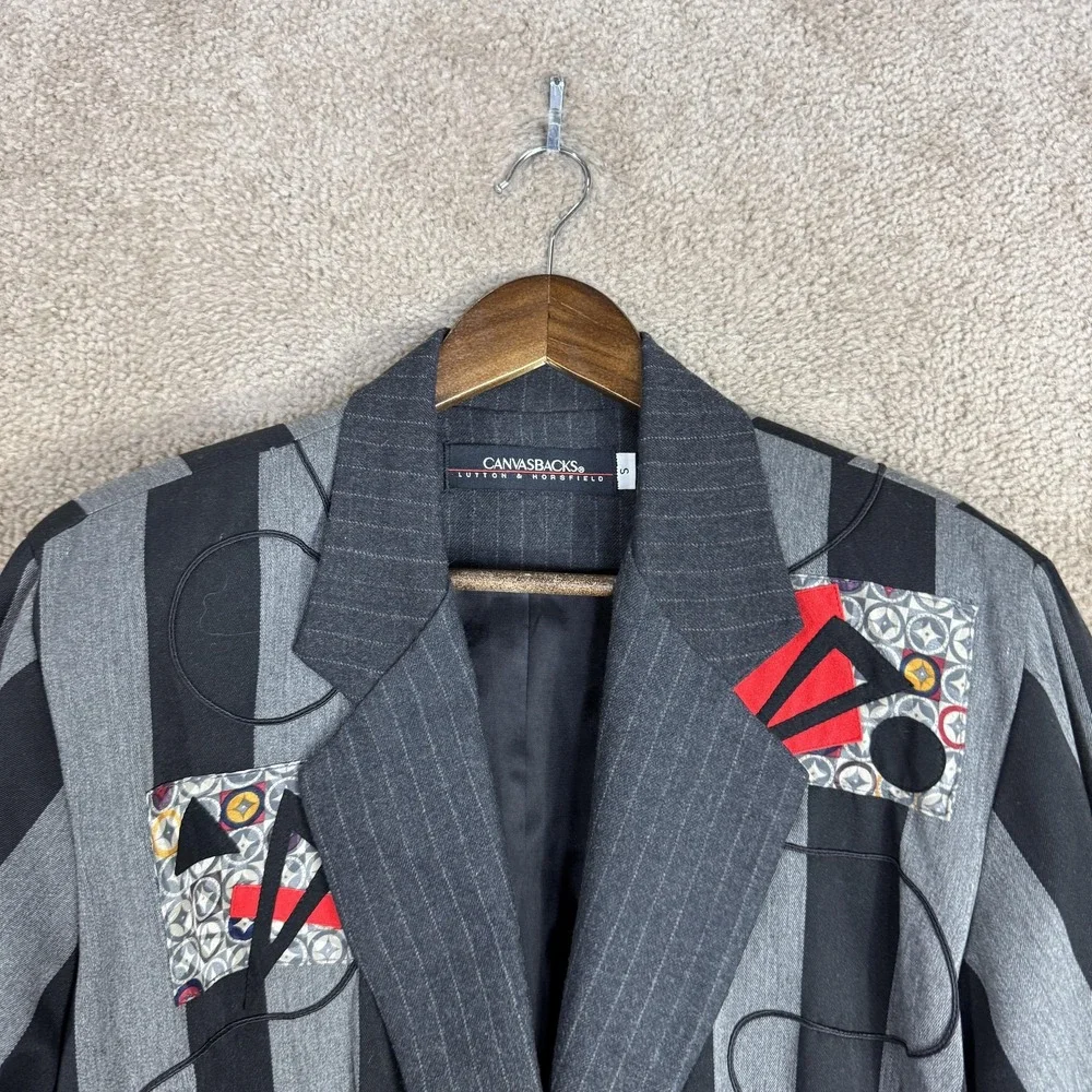 Vtg Canvasbacks Lutton & Horsfield Blazer Womens Small‎ Black Art Patch Jacket - Picture 2 of 11
